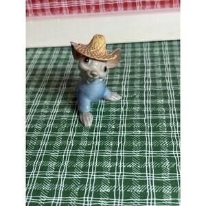 Vintage Hagen-Renaker Baby Country Mouse Figurine Blue Overalls Straw Hat